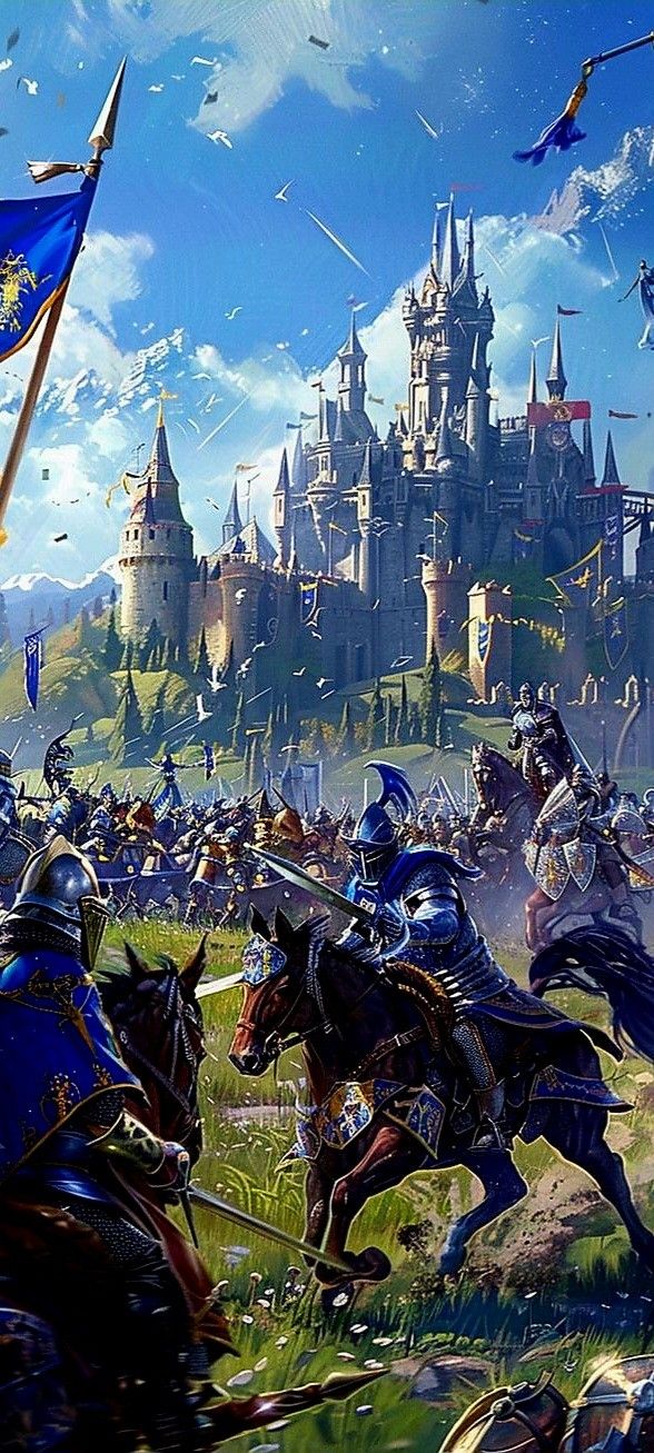 the battle is going on in front of a castle