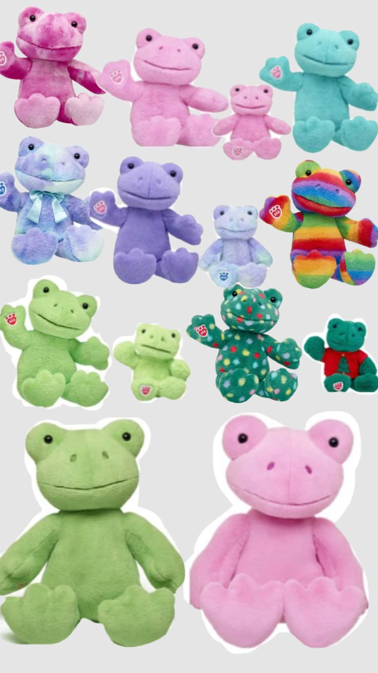 several stuffed animals are shown in different colors and sizes, including one frog the other frog