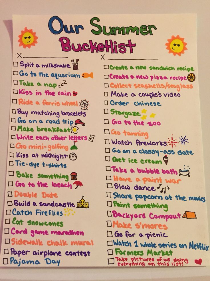 a summer bucket list is displayed on a white board with colorful writing and pictures around it