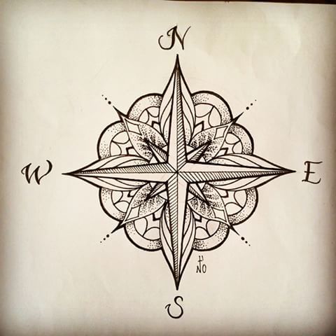 a drawing of a compass on paper with some type of writing around it and the letter s