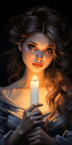 a painting of a woman holding a candle in her hands with the light shining on her face