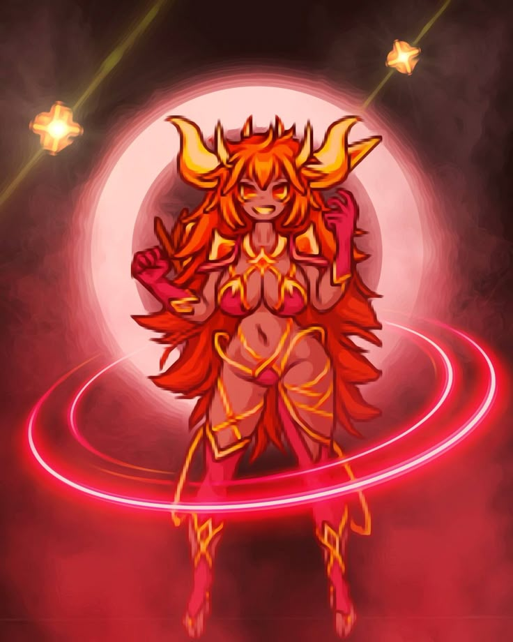 a woman with horns and red hair is standing in front of a circular light that has stars on it