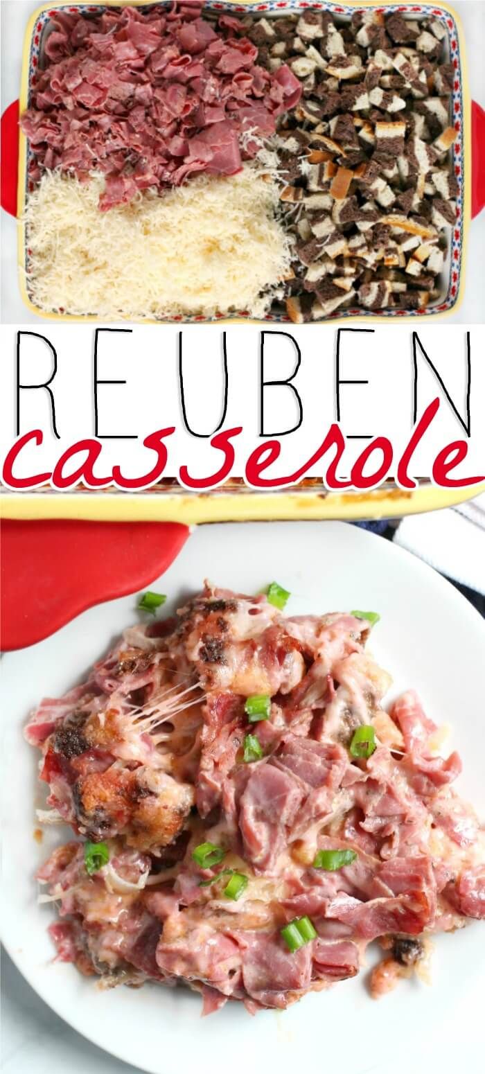 the recipe for reuben casserole is shown in two different dishes, including meat and rice