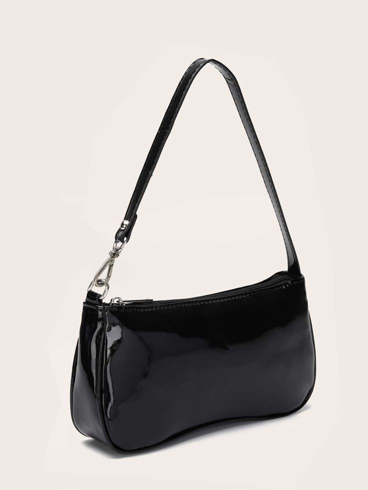 Black Fashionable   PU Leather Plain Baguette Bag    Women Bags Cheap Black Baguette Bag For Daily Use, Black Bags Aesthetic, Black Baguette Shoulder Bag For Shopping, Minimalist Black Leather Baguette Bag, Black Baguette Shoulder Bag, Black Shoulder Baguette Bag For Shopping, Baguette Bag Outfit, Small Black Bag, Small Black Purse