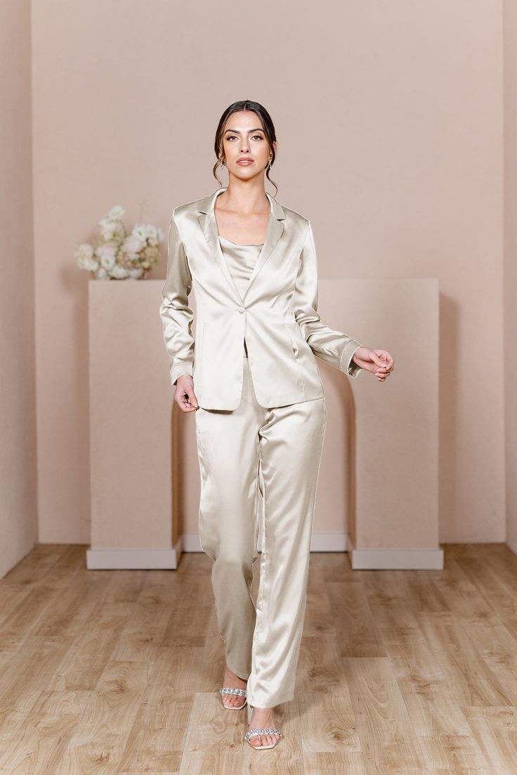 Model: Lindsey; Size: 4 Elegant Satin Sets With Long Pants, Elegant Fitted Set For Wedding Night, Elegant Fitted Sets For Wedding Night, Elegant Fitted Wedding Night Set, Fitted Satin Set For Wedding Night, Elegant Satin Sets For Workwear, Elegant Long Pantsuit For Night Out, Glamorous Tailored Wedding Suits, Glamorous Satin Pants For Formal Occasions