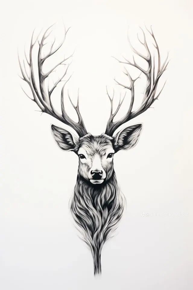 a black and white drawing of a deer's head