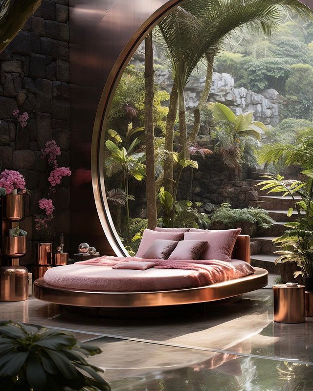 a circular bed in the middle of a room surrounded by plants and trees, with a large round mirror above it