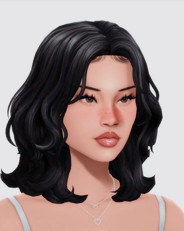 an animated image of a woman with long black hair and wearing a silver necklace on her neck