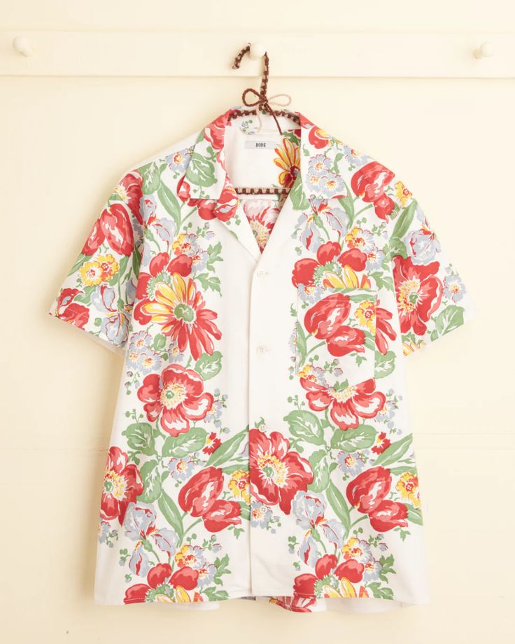 Cardinal Flower Short Sleeve Shirt – BODE White Cotton Camp Shirt With Floral Print, Summer Floral Embroidered Top With Spread Collar, Summer Top With Floral Embroidery And Spread Collar, Spring Camp Shirt With Floral Embroidery, Spring Shirt With Floral Embroidery And Camp Collar, Spring Floral Embroidery Camp Shirt With Collar, Spring Floral Embroidery Camp Collar Shirt, Floral Embroidered Camp Collar Shirt For Spring, Spring Cotton Hawaiian Shirt