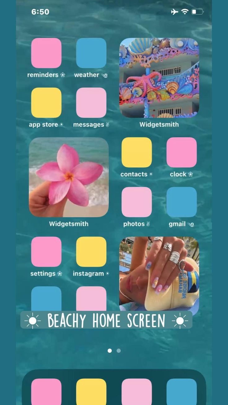 the beachy home screen is shown with different colors and shapes, including pink flowers