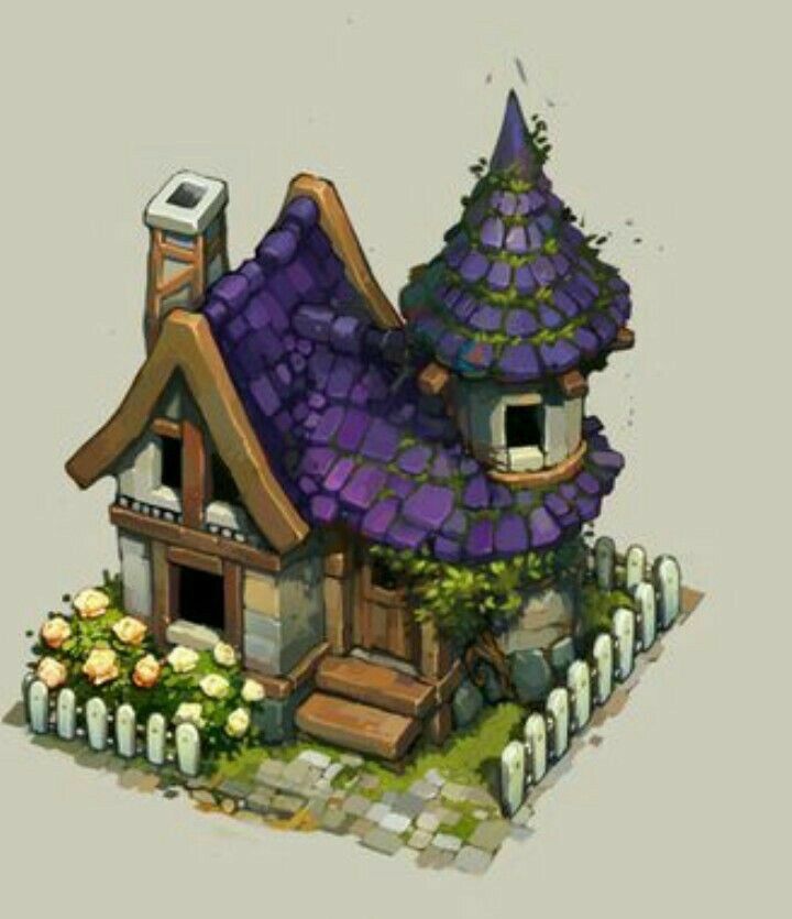 a small house with a purple roof