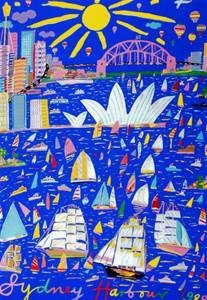 a painting of sailboats floating in the ocean with city skylines and bridges behind them