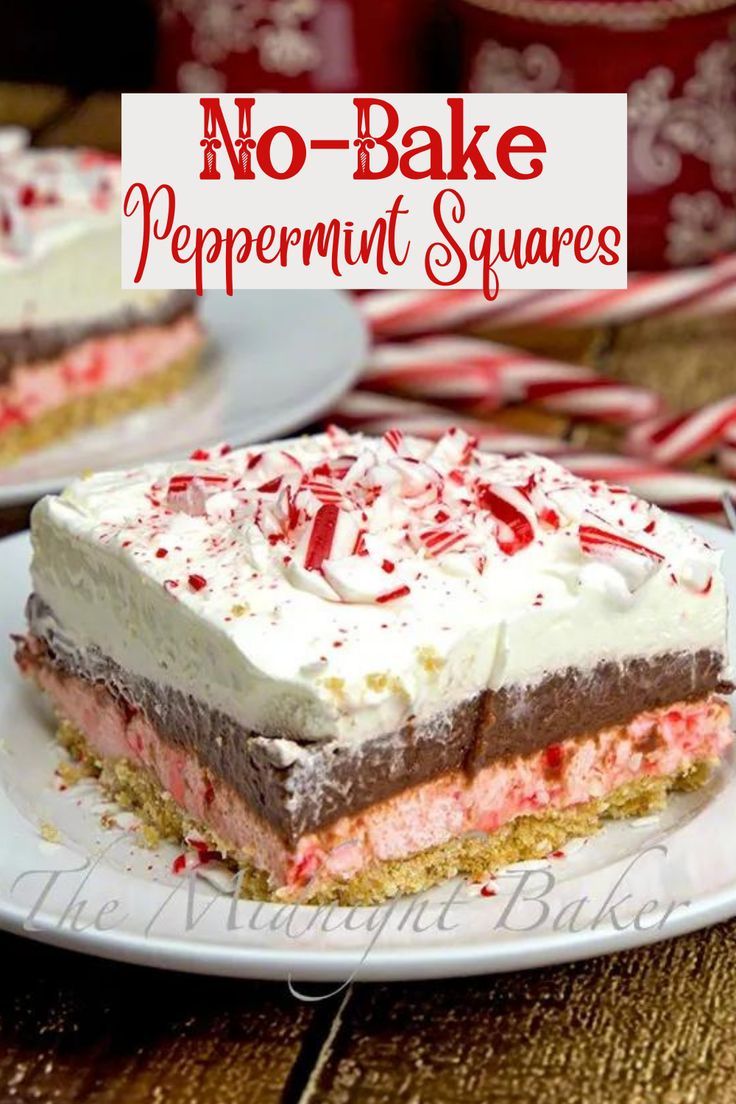 no - bake peppermint squares on a white plate with candy canes