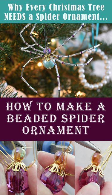 someone is decorating their christmas tree with spider ornaments and the words, how to make a beaded spider ornament