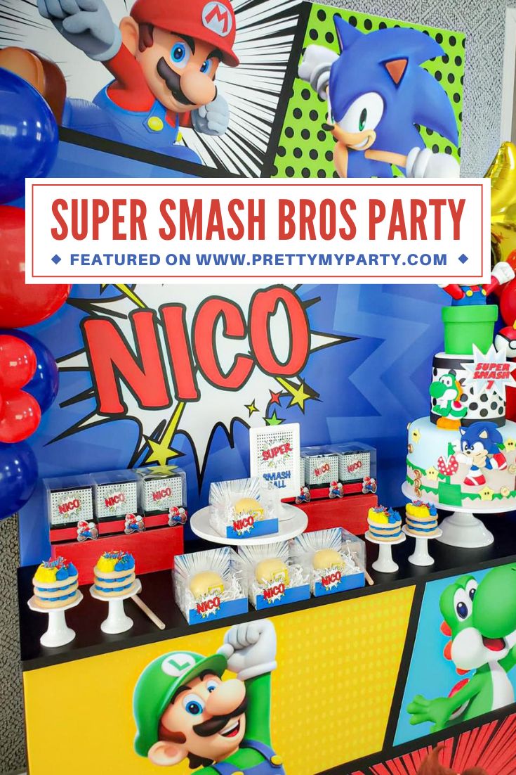 a super smash bros party with balloons, cake and decorations