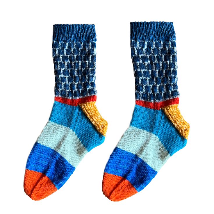 This sock pattern is adapted from our fave DEGEN FW16 collection machine knit socks, made suitable for hand knitting! SKILL LEVEL: Beginner-Intermediate Blue Casual Knitted Socks, Blue Hand-knitted Yarn Patterns, Blue Knitted Socks For Winter, Comfortable Blue Knitted Socks, Machine Knit, Sock Patterns, Machine Knitting, Knit Socks, Knitting Socks