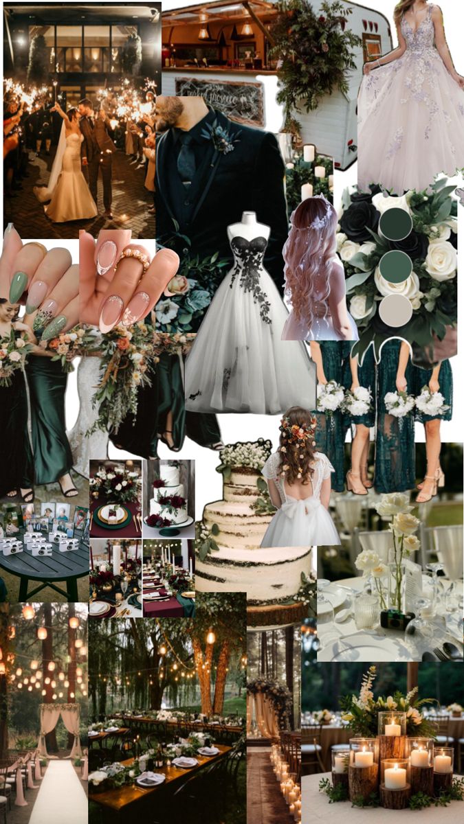 a collage of wedding pictures with green and white colors