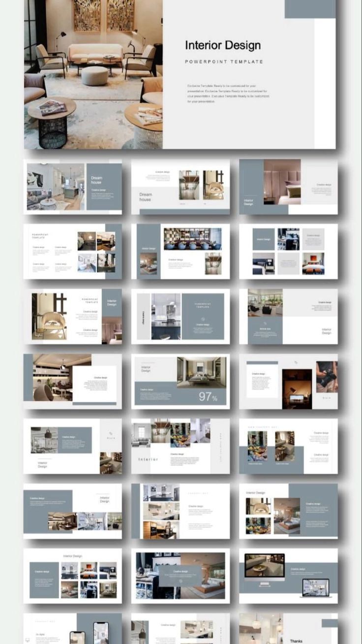 the interior design powerpoint presentation is shown in grey and white colors, with several different sections