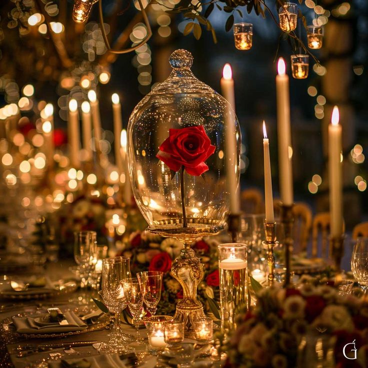 a table set with candles and roses in a glass dome