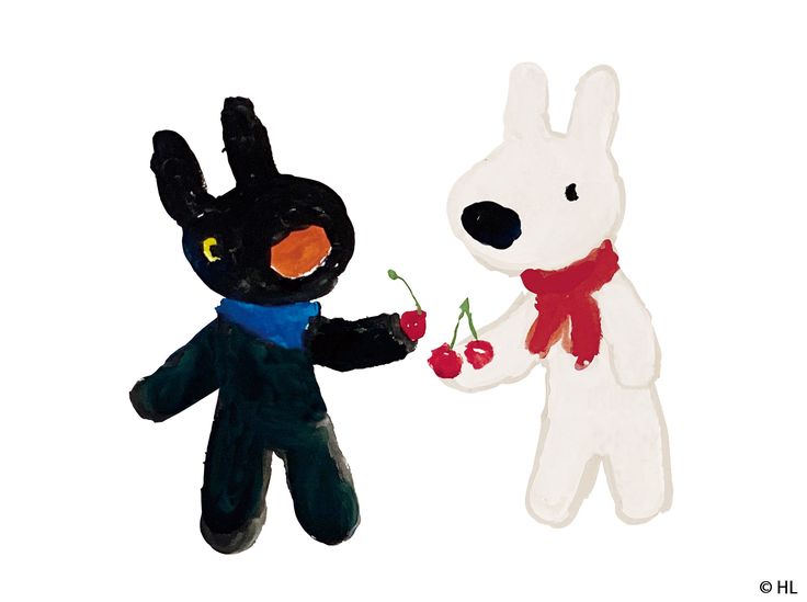 two stuffed animals are holding cherries in their hands, one is black and the other is white