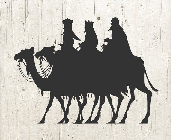 three people riding on top of two camels in the middle of a wood plank wall