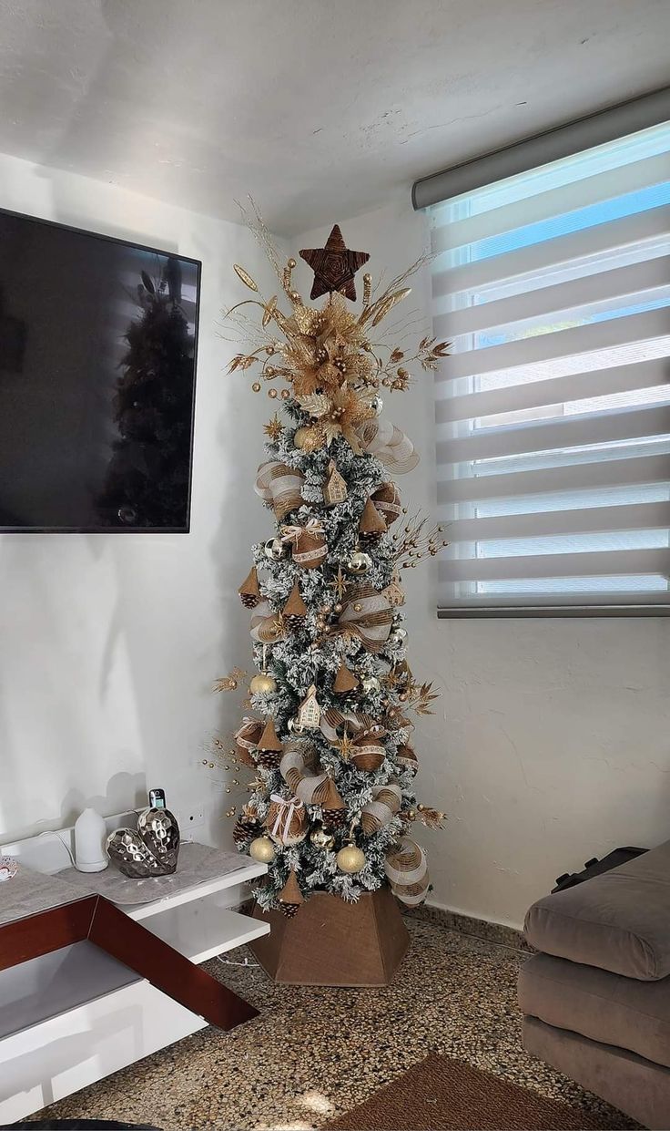 a decorated christmas tree in the corner of a living room