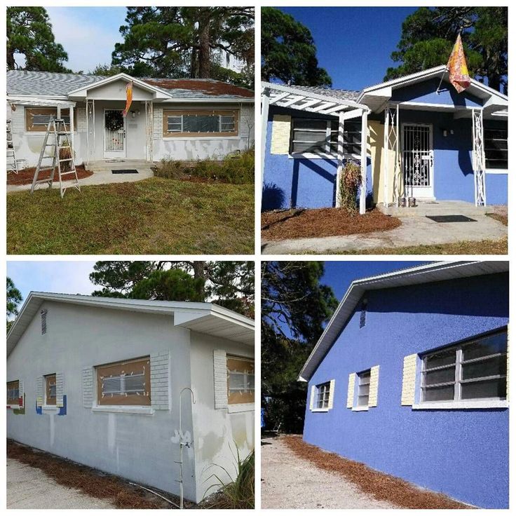 four different pictures of a blue house with windows and shutters on the front, side, and top