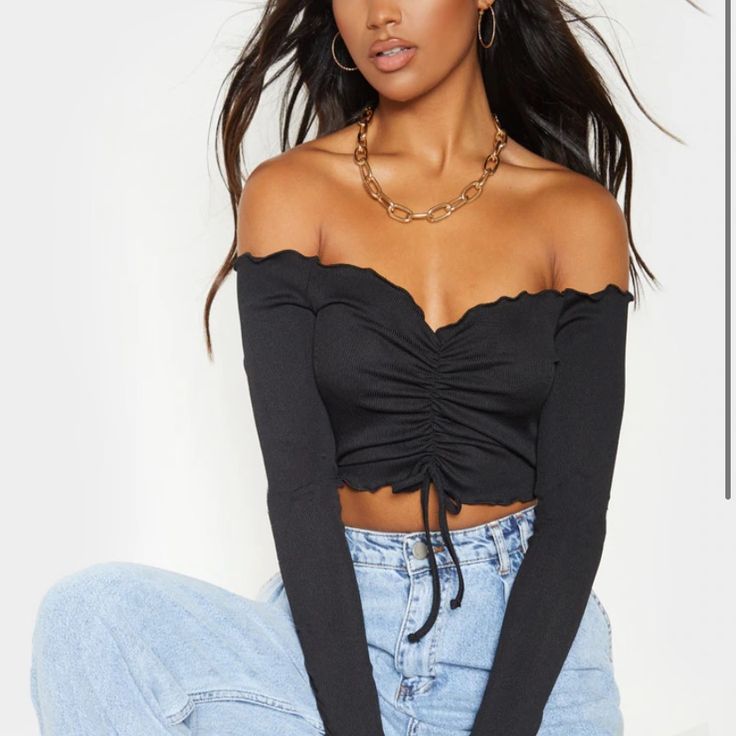 Black Rib Frill Long Sleeve Bardot Top Trendy Black Tops For Date Night, Trendy Black Top For Date Night, Bardot Top, Black Rib, No Frills, Off Shoulder Blouse, Long Sleeve Top, Long Sleeve Tops, Sleeve Top