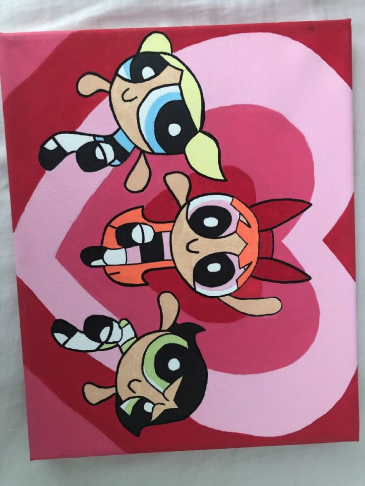 an image of three cartoon characters on a red and pink background with the number 3