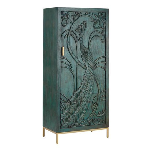 a green cabinet with a peacock design on it