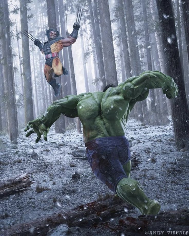 the hulk and wolverine are in the woods, one is jumping up into the air