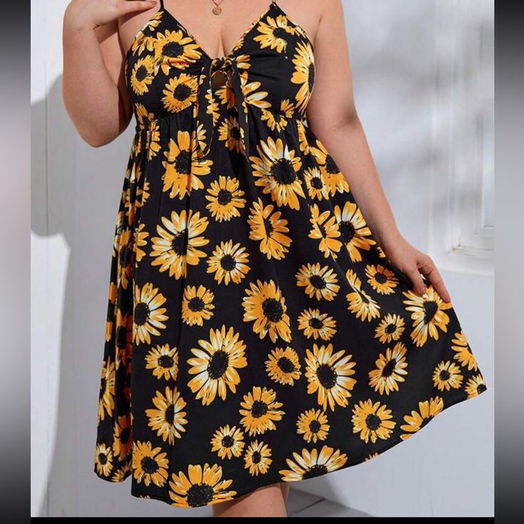 Sunflower Print Cami Dress In Size 0x(12) Brand New Never Worn Yellow Sundress With Sunflower Print For Summer, Casual Yellow Sunflower Print Dress, Yellow Sunflower Print Dress For Beach, Yellow Sunflower Print Beach Dress, Yellow Sleeveless Sundress With Sunflower Print, Casual Sunflower Print Beach Dress, Dresses Sunflower, Shein Dress, Shein Dresses