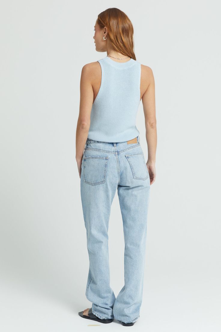 Our ribbed knit sleeveless top is the essential warm weather top. It's airy and shows just enough shoulder for a cool summer look. Spring Sleeveless Ribbed Knit Top, Spring Ribbed Relaxed Fit Knit Top, Spring Ribbed Cami Knit Top, Sleeveless Ribbed Cotton Knit Top, Light Blue Ribbed Sleeveless Tank Top, Ss 2024, Contemporary Wardrobe, Cool Summer, Seoul Korea