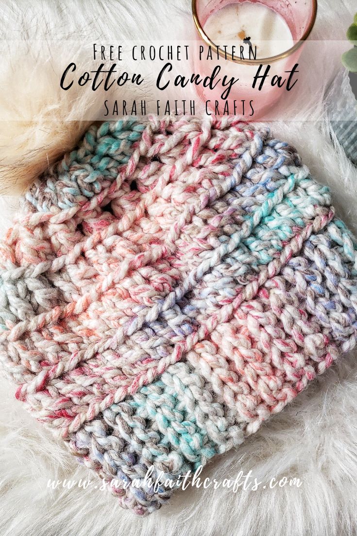 a crochet hat with text overlay that says free crochet pattern cotton candy hat