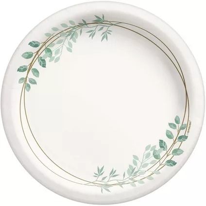 a white plate with green leaves painted on the rim and gold trim around the edge