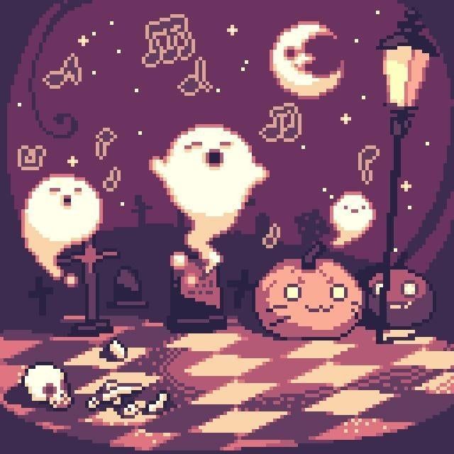 pixel art halloween scene with ghost and pumpkins