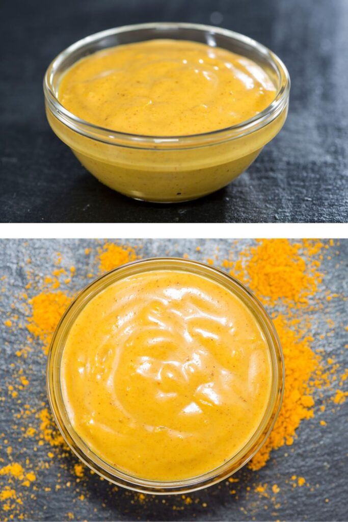 two pictures showing the same yellow sauce in a glass bowl