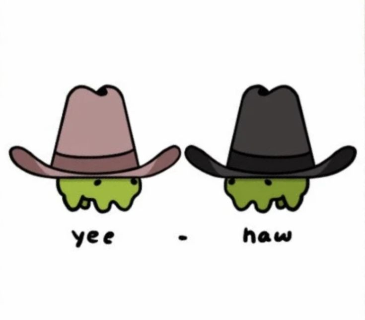 two hats with the words yee - haw written in green and black on them