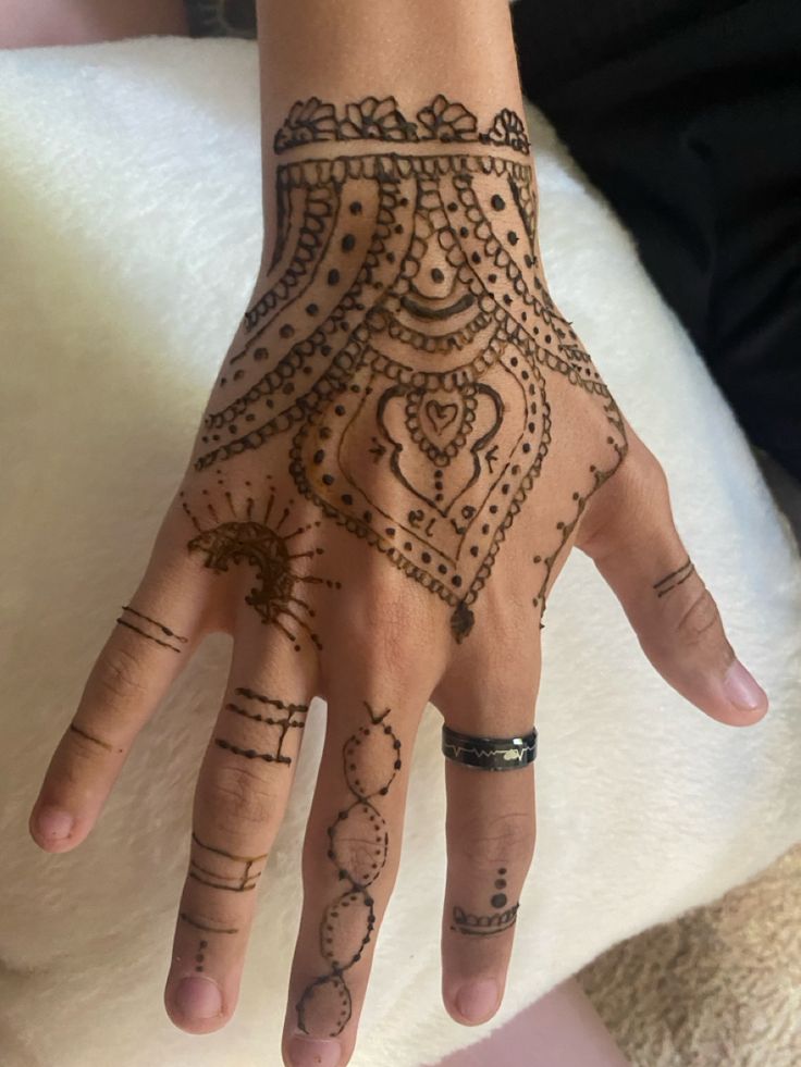 a woman's hand with henna tattoos on it