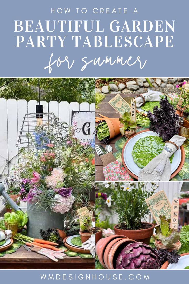 a garden party table with flowers and plants