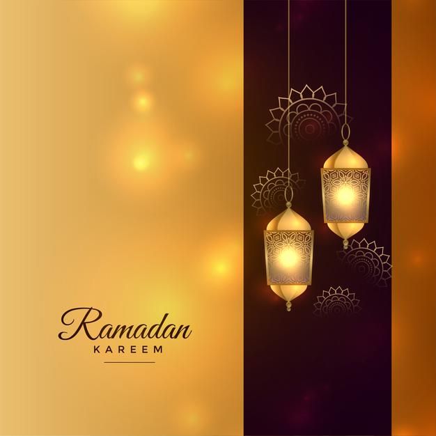 two hanging lanterns with lights on them against a gold and black background for rama kareem