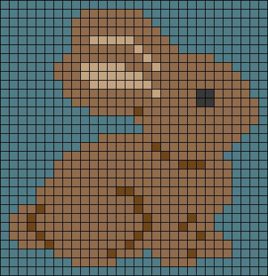 a cross stitch pattern with a teddy bear in blue and brown colors, on a black background