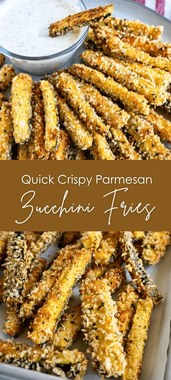 baked parmesan zucchini fries on a plate with dipping sauce in the background