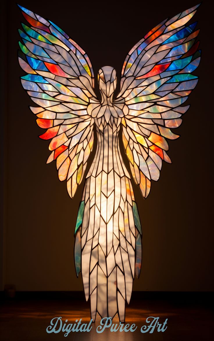 a stained glass angel lamp with wings on it's body and arms spread out