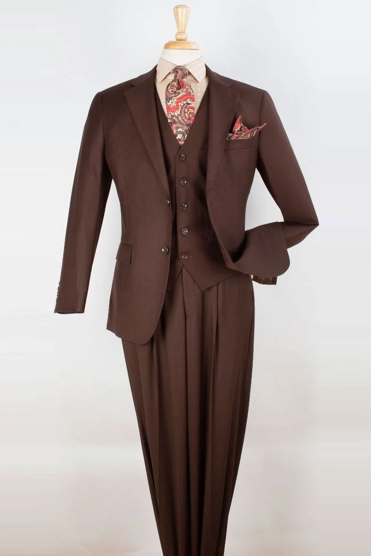 Mens 2 Button Pleated Pant Classic Fit Vested Suit in Brown Three-piece Suit With Notch Lapel For Semi-formal Events, Three-piece Single Breasted Suit, Fitted Three-piece Suit With Single Breasted Design, Semi-formal Three-piece Suit With Single Button, Single Breasted Three-piece Suit For Business Casual, Single Breasted Three-piece Suit With Notch Lapel, Single-breasted Three-piece Suit For Business Casual, Semi-formal Three-piece Suit With Single Breasted Design, Three-piece Suit With Single Button