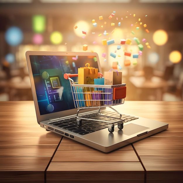 an open laptop computer sitting on top of a wooden table next to a shopping cart