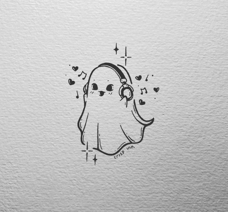 a black and white drawing of a ghost with headphones on it's ears