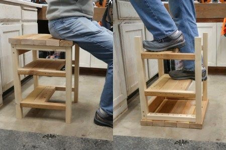 two people standing on stools in a kitchen