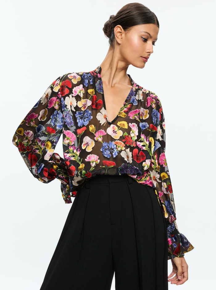 Onica Collared Blouse In Timeless Blossom | Alice + Olivia Sheer Puff Sleeve Chic Blouse, Sheer Lantern Sleeve Tops For Spring, Spring Evening Top With Elastic Sleeves, Spring Evening Tops With Elastic Sleeves, Evening Tops With Elastic Sleeves For Spring, Sheer V-neck Blouse For Work, Fall Sheer V-neck Blouse, Chic Daywear Top With Blouson Sleeves, Summer Workwear Blouse With Elastic Sleeves