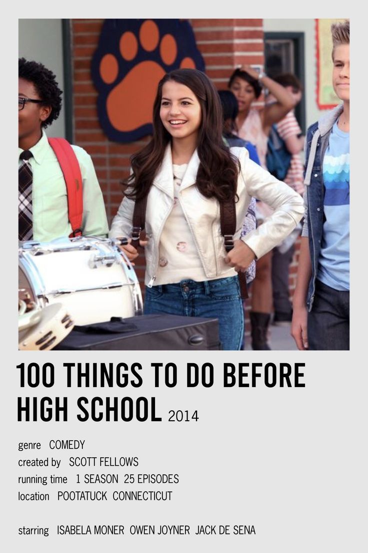 an advertisement for high school with a girl standing in front of her and two boys behind her